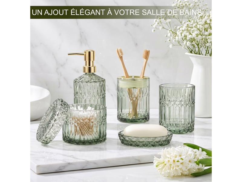 Set salle de bain 5 pièces en verre vert taillé diamant, style rétro, distributeur de savon et porte-brosse à dents - Conforama D