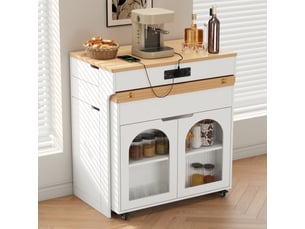 Île de cuisine mobile sur roulettes - table extensible, buffet blanc à 2 tiroirs bar coin repas, multiprise, verre strié