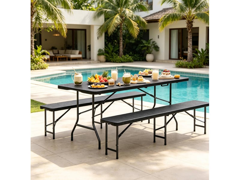  Salon de jardin pliant 180 x 74 x 70 cm noir en hdpe et métal, table et 2 bancs pour 8 à 10 personnes  - Conforama B