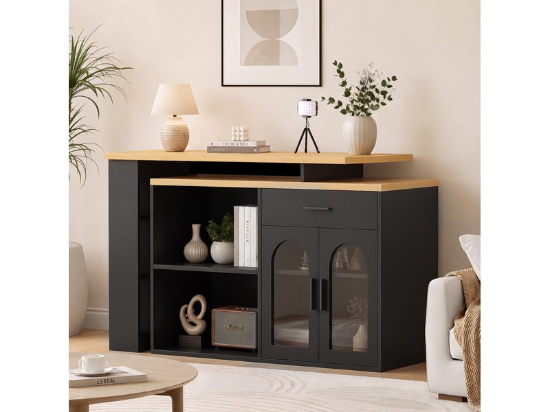 Îlot de cuisine fixe 136x50x78 cm avec plateau pivotant à 360° en mdf noir et effet bois - Conforama B