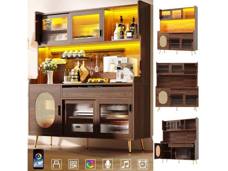  Buffet cuisine 145x39x171cm, led, meuble cuisine avec cinq portes, meuble salon, portes en verre cannelé, mdf, brun  - Conforama D
