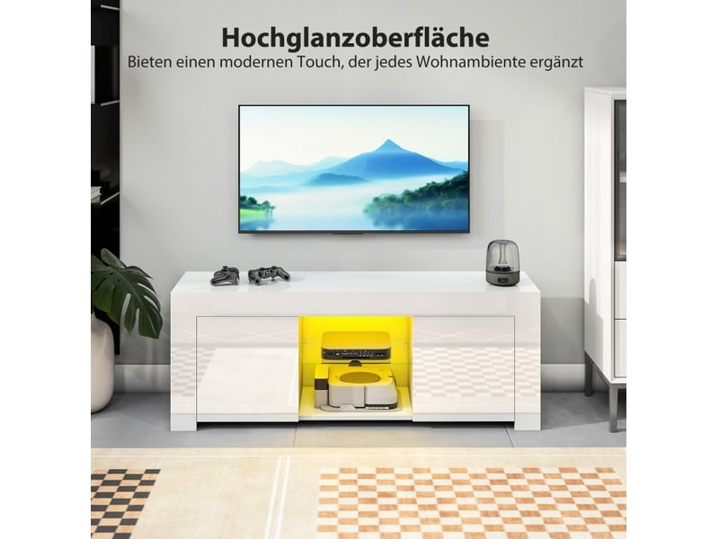  Meuble tv avec led rgb, 2 portes, 2 niches, étagère en verre et passe-câbles pour salon blanc 120 × 34 × 45 cm  - Conforama E