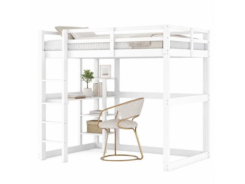  Lit mezzanine double 200×140 cm avec bureau et 4 étagères de rangement, en pin et mdf, blanc antique  - Conforama A