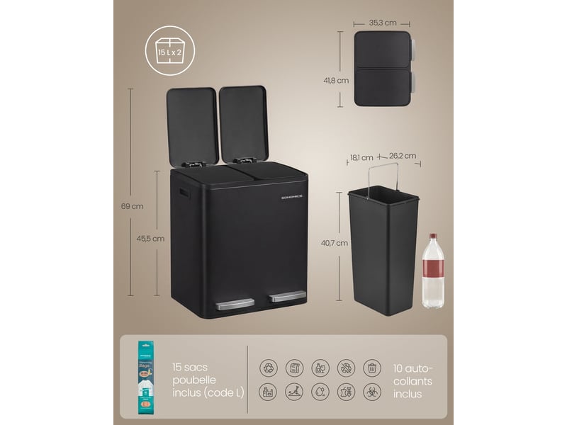  Poubelle de cuisine 41,8 x 35,3 x 45,5 cm tri sélectif 2 compartiments ergonomique finition mate en acier inoxydable argent 12_0012594  - Conforama B