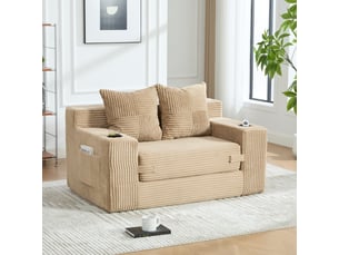 Canapé droit 2 places 151x133x64 cm, canapé-lit avec rangement latéral, 2 coussins, porte-gobelets, velours côtelé, kaki