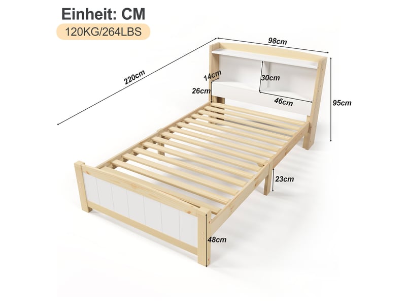  Lit simple 90x200 cm avec tête de lit de rangement et sommier à lattes, bois+mdf, naturel et blanc sans matelas  - Conforama C