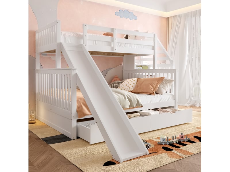 Lit superposé 90 x 200 cm et 140 x 200 cm avec tiroirs, rangements et toboggan blanc antique - Conforama C