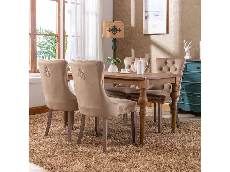  Lot de 2 chaises de salle à manger en velours kaki, dossier haut capitonné, clous décoratifs, pieds en bois massif, style français élégant  - Conforama C