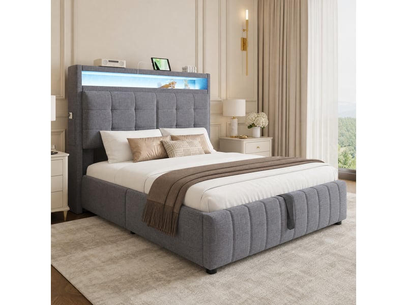  Lit coffre double 140×200 cm led, usb, étagères et rangement  - sans matelas, tissu lin, gris  - Conforama B