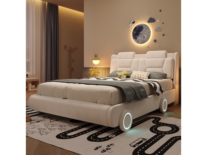  Lit voiture enfant 140x200 cm avec tête de lit réglable sur 2 hauteurs et dossier épais, lit rembourré avec roues lumineuses, flanelle, blanc crème Seren Glow - Conforama D