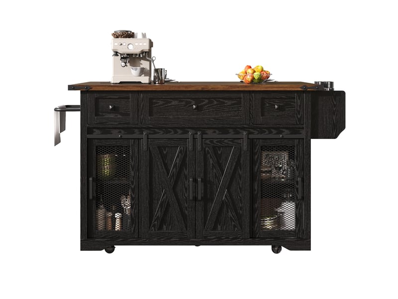 Îlot de cuisine mobile 120x45-75x91 cm avec plateau extensible, tiroirs et étagères, prise, pour cuisine, en mdf, noir - Conforama A