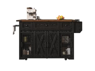 Îlot de cuisine mobile 120x45-75x91 cm avec plateau extensible, tiroirs et étagères, prise, pour cuisine, en mdf, noir