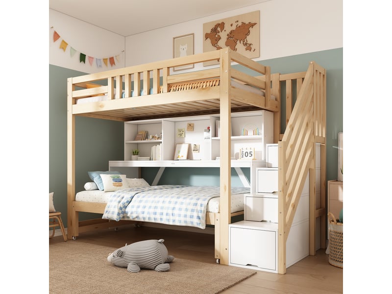  Lit mezzanine enfant,254x97x165 cm,avec bureau,bois,blanc et chêne  - Conforama B