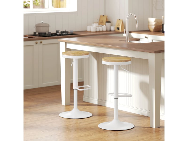  Ensemble 2 tabourets bar réglables, pivotants 360°, acier, repose-pieds, 38,5x38,5x60-80 cm, bois naturel et blanc.  - Conforama D