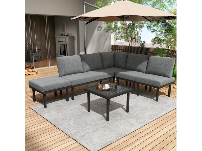 Salon de jardin 6 places en corde grise, table basse verre, acier galvanisé - Conforama B