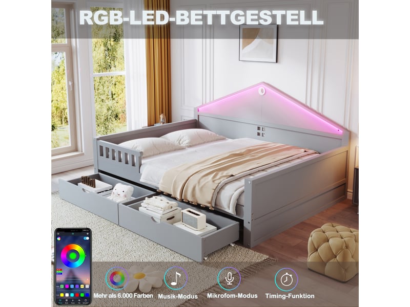  Lit enfant 140x200 cm gris avec bandeau led contrôlable, 2 tiroirs et sommier à lattes inclus  - Conforama D
