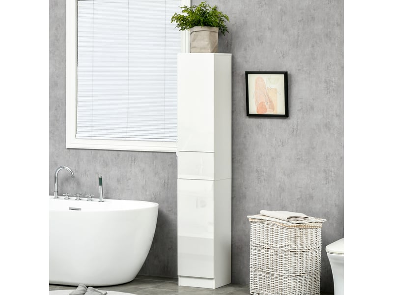  Meuble colonne rangement salle de bain style contemporain 2 placards 3 étagères et 1 tiroir coulissant panneaux particules brillant dim. 30l x 28p x 170h cm blanc laqué  - Conforama A
