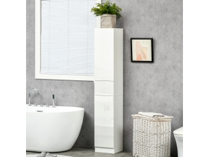 Meuble colonne rangement salle de bain style contemporain 2 placards 3 étagères et 1 tiroir coulissant panneaux particules brillant dim. 30l x 28p x 170h cm blanc laqué