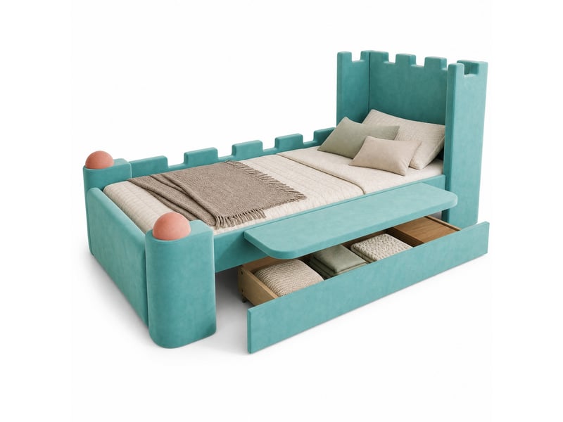  Lit enfant simple 90×200 cm, tiroir, tablette rabattable et bords rembourrés - okmyhome- sans matelas bleu vert  - Conforama A