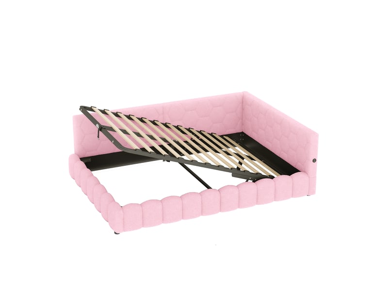 Lit banquette rose 140x200 cm avec led, rangement hydraulique, usb et type-c - Conforama D