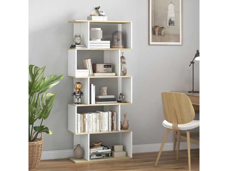  Bibliothèque style scandinave meuble de rangement 5 étagères anti-basculement charge 25 kg aspect bois &amp; blanc  - Conforama C