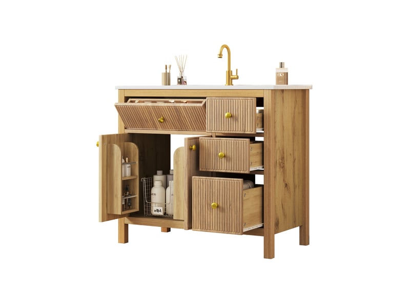  Meuble sous vasque 91x48x88 cm avec vasque céramique, 3 tiroirs, coloris bois naturel  - Conforama A