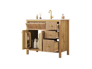 Meuble sous vasque 91x48x88 cm avec vasque céramique, 3 tiroirs, coloris bois naturel