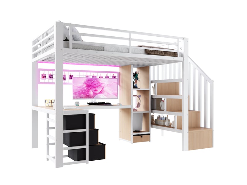  Lit mezzanine 90x200cm, grille de suspension, 4 tiroirs, lit enfant et simple, bureau, éclairage led, coloris blanc, métal, sans matelas  - Conforama A