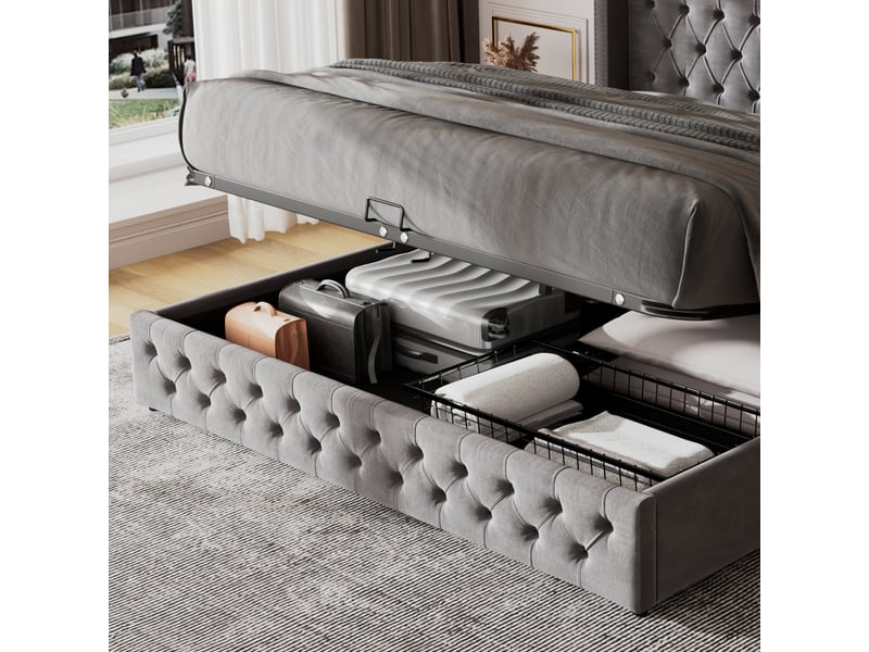  Lit coffre capitonné 180x200 cm en velours gris avec sommier et rangement hydraulique evarich - Conforama E