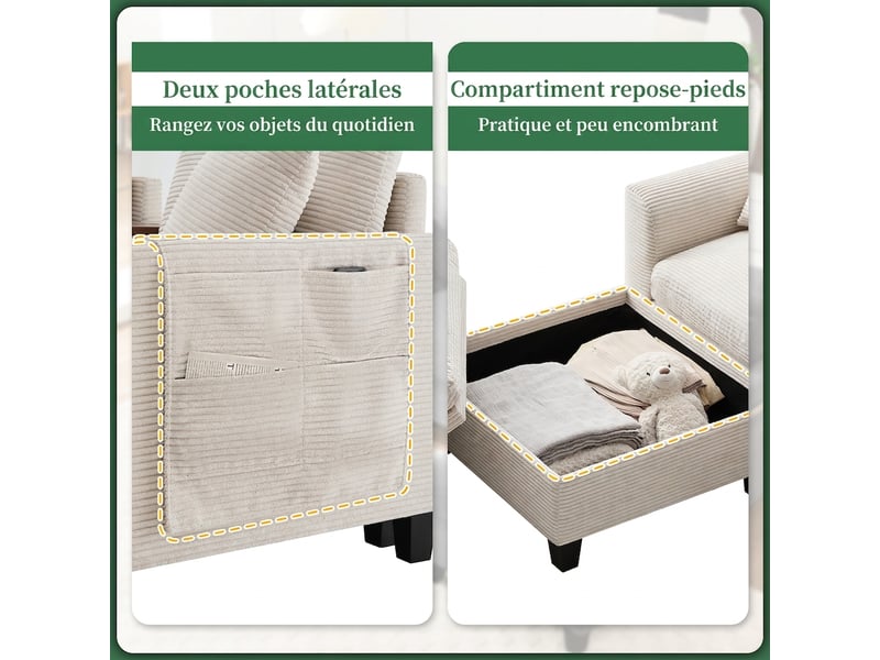  Canapé d'angle en velours côtelé beige 4 places - modulable avec port usb et pouf de rangement  - Conforama R