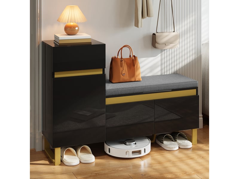 Meuble à chaussures brillant avec portes, banc rembourré, tiroir et étagères, pour entrée, en mdf, noir, 120 × 35 × 85 cm - Conforama C