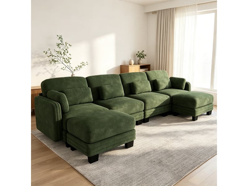 Canapé d’angle 4 places en u, assise large et profonde, design ergonomique, 2 poufs, montage facile, 330 × 143 × 88 cm, vert - Conforama D
