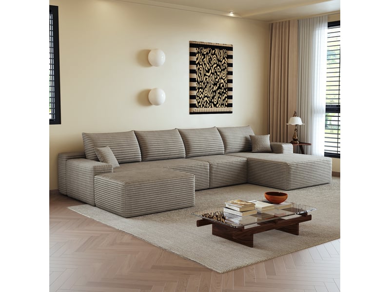  Canapé d'angle modulable panoramique 5 places en tissu velours côtelé camel - 340 cm  - Conforama B
