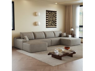Canapé d'angle modulable panoramique 5 places en tissu velours côtelé camel - 340 cm