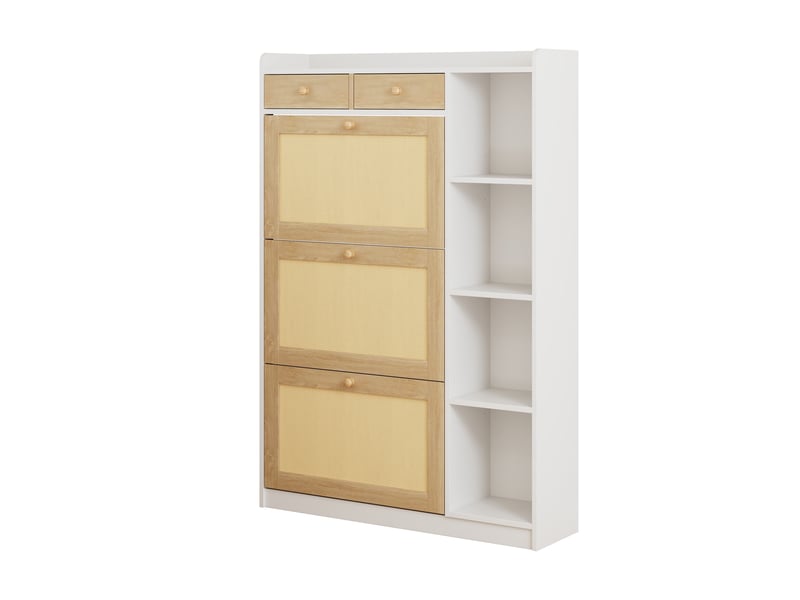  Meuble à chaussures oslo rotin 90x24x130 cm, 3 abattants, 2 tiroirs &amp; étagères latérales  - Conforama E