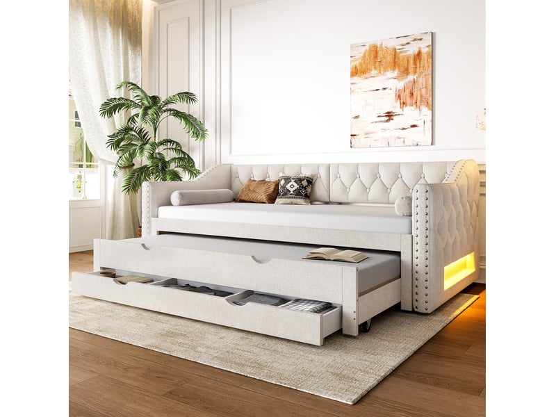  Lit enfant 90x200cm, style minimaliste, lit gigogne, avec éclairage led 7 couleurs, 3 tiroirs, lin beige, sans matelas  - Conforama D