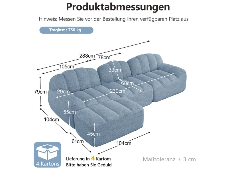  Canapé modulable l 3 places 288x165x79 cm, sans montage, granuleux, mousse 32d, avec pouf, tissu, bleu  - Conforama C
