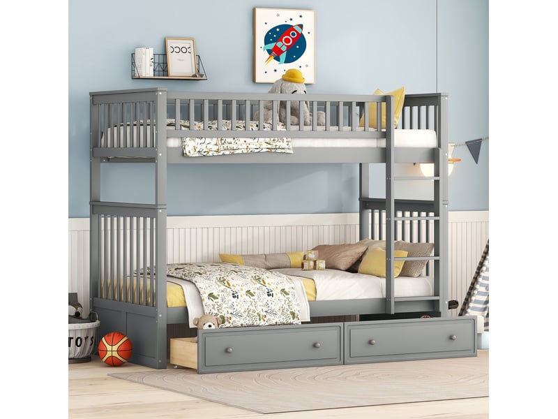  Modenvie lit superposé enfant 90x200 cm - convertible en 2 lits avec 2 tiroirs - pour chambre d'enfant - gris  - Conforama D