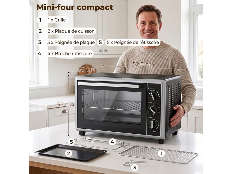 Mini-four électrique avec broche rotative 32l 1500w, four à convection multifonction, chaleur tournante, minuterie, noir - Conforama C