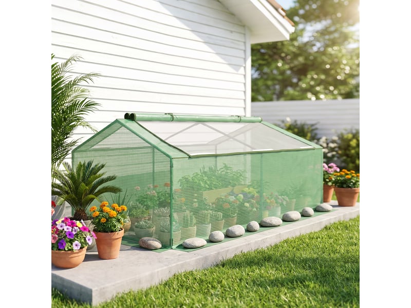  Petite serre pour jardin et balcon avec fenêtres et bâche en pe, 180 x 90 x 70 cm, verte  - Conforama C