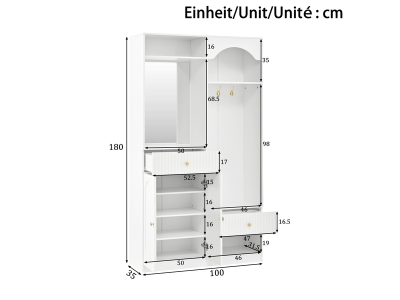  Vestiaire compact avec miroir et banc, meuble à chaussures, crochets, led réglable, blanc  - Conforama C