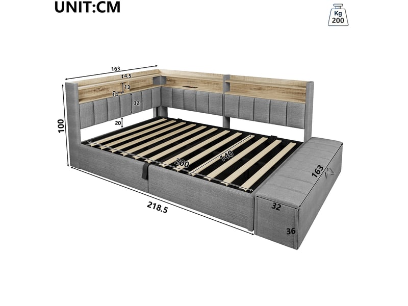 Lit coffre hydraulique 140x200 cm avec led, usb-a et usb-c, banc coffre et tête réversible, tissu lin gris, sans matelas - Conforama C