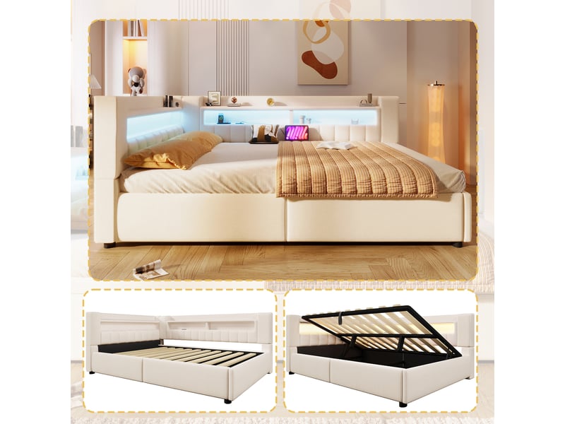 Lit coffre hydraulique 140x200 cm avec led et usb-c, tissu lin beige, structure mdf, sans matelas - Conforama E