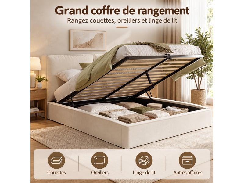  Lit coffre capitonné 180x200 cm beige en chenille, rangement hydraulique, tête de lit et sommier à lattes  - Conforama B