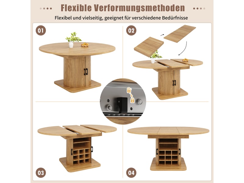  Naturel table à manger extensible avec rangement, design moderne, structure fonctionnelle pour cuisine et salle à manger  - Conforama D