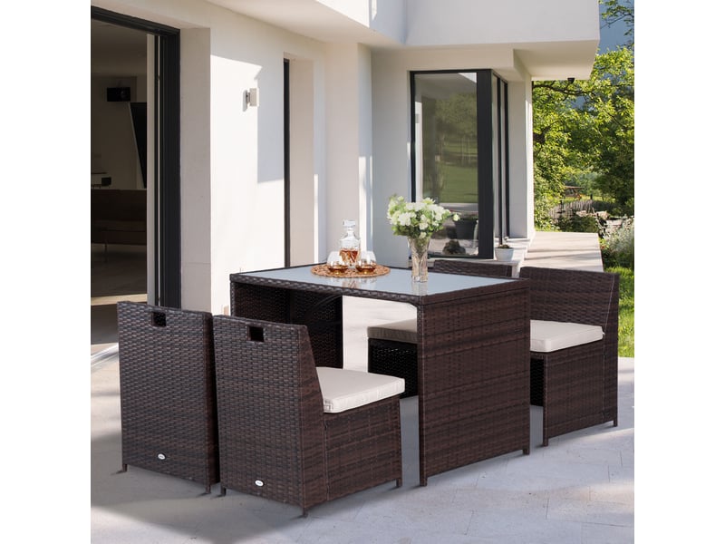  Outsunny ensemble salon de jardin encastrable 4 chaises monoblocs avec coussins déhoussables et table résine tressée  - Conforama C