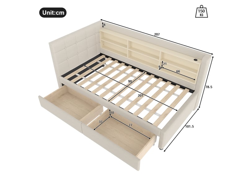  Lit avec rangement 90x200 cm, avec 2 tiroirs, ports usb et type-c, étagères de rangement, en lin, beige, sans matelas  - Conforama C