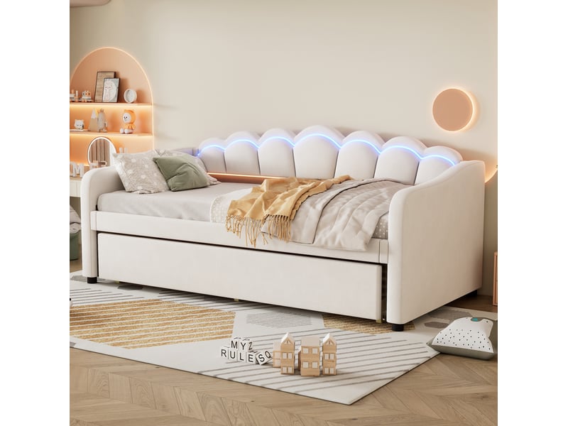  Lit gigogne 90x200cm avec lit extensible, éclairage led multicolore, design ondulé, velours, beige, sans matelas  - Conforama B