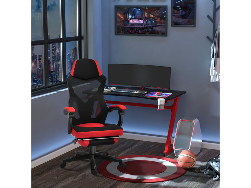  Chaise de bureau ergonomique inclinable avec repose-pieds en tissu à maille 58x63x112-122 cm noire et rouge  - Conforama D