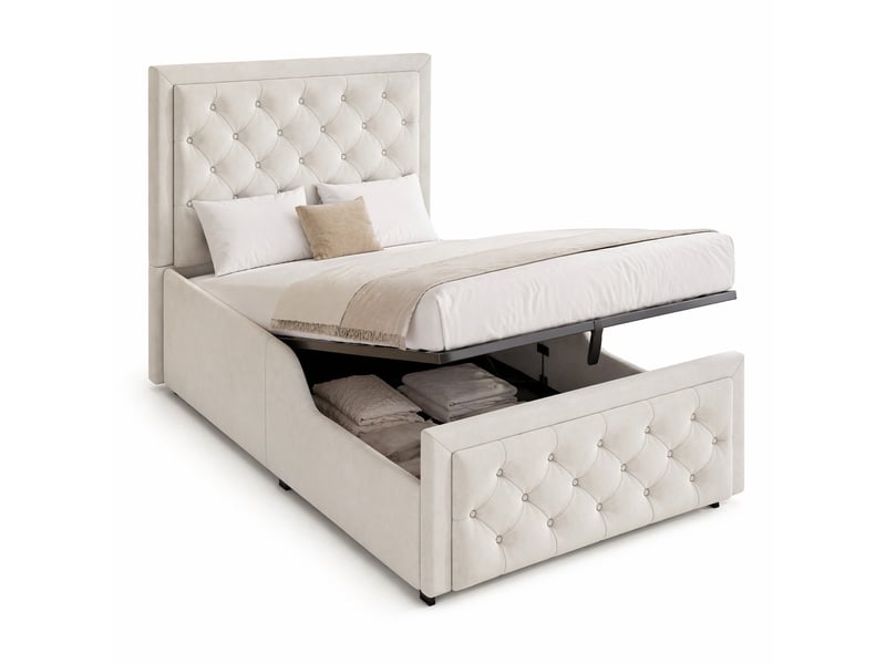  Modenvie lit enfant coffre 90x200 cm - avec rangement intégré, tête de lit capitonnée - beige  - Conforama A